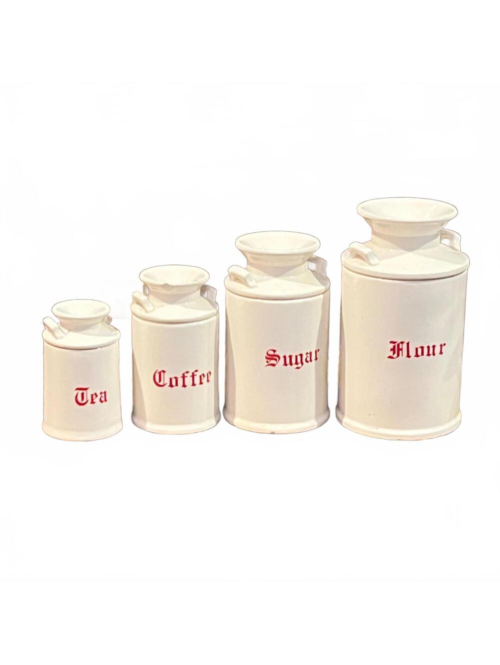 Vintage White Ceramic Kitchen Canister Set with Red Lettering - Tea, Coffee, 4-P